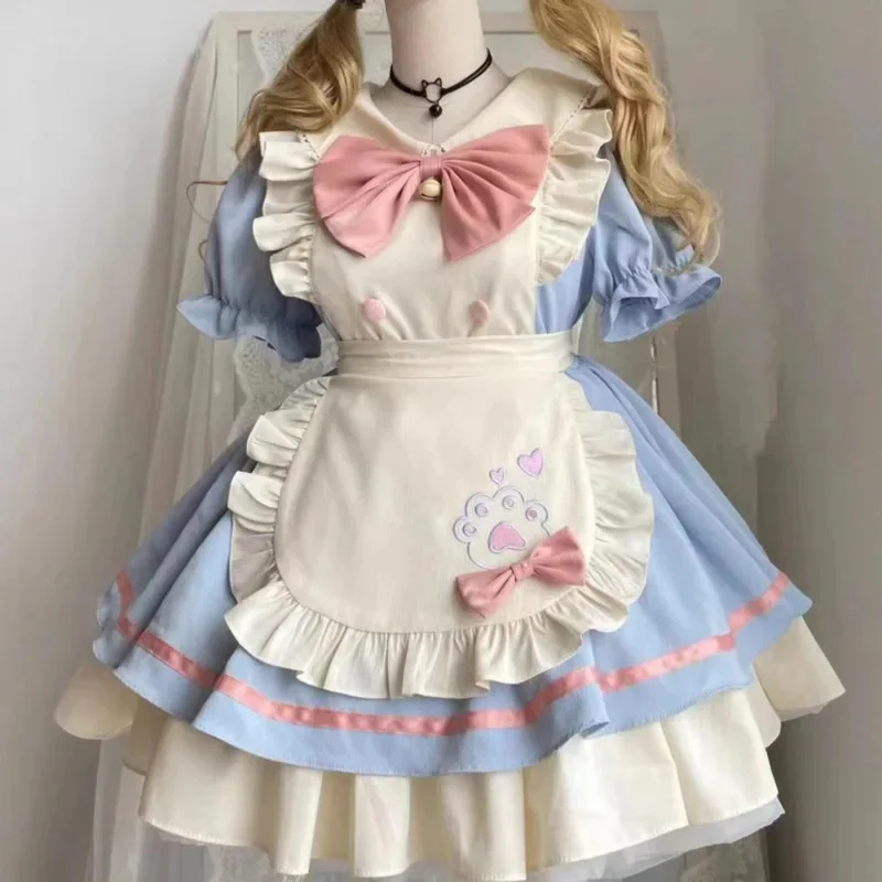 Midi Dresses Bow Kawaii Lolita With Apron Paw Print Japanese Style Soft Girl Cosplay Outfit Short Sleeve Sweet Anime Costume New