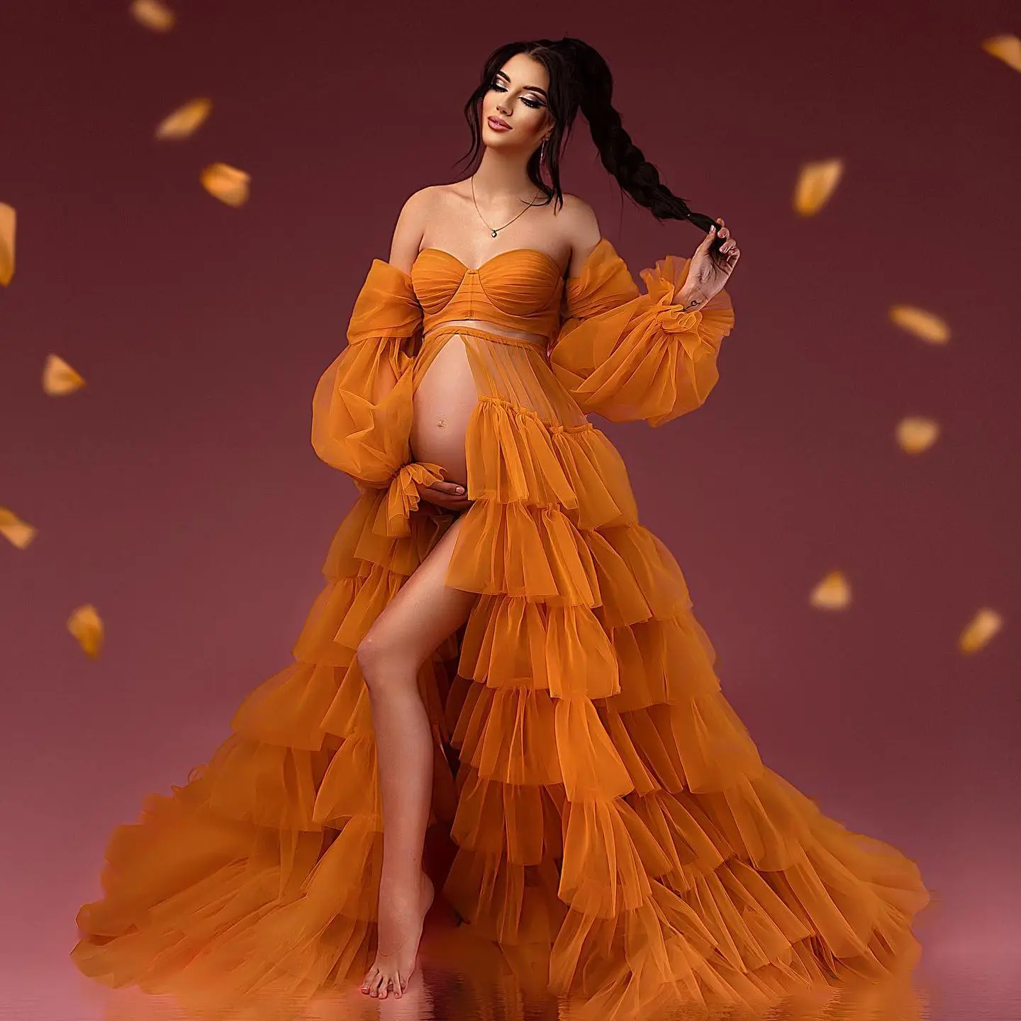 

Pretty Orange Maternity Dresses for Photo Shoot Two Pieces Ruffles Pregnancy Gala Gown Long Sleeve Babyshower Dress