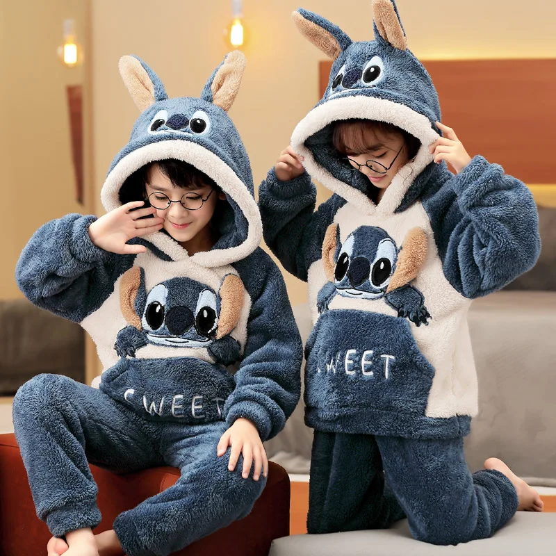 ديزني غرزة الكرتون الأطفال منامة الخريف الشتاء موضة رشاقته ملابس دافئة الوالدين والطفل مقنعين مجموعة الأسرة Kawaii ملابس المنزل