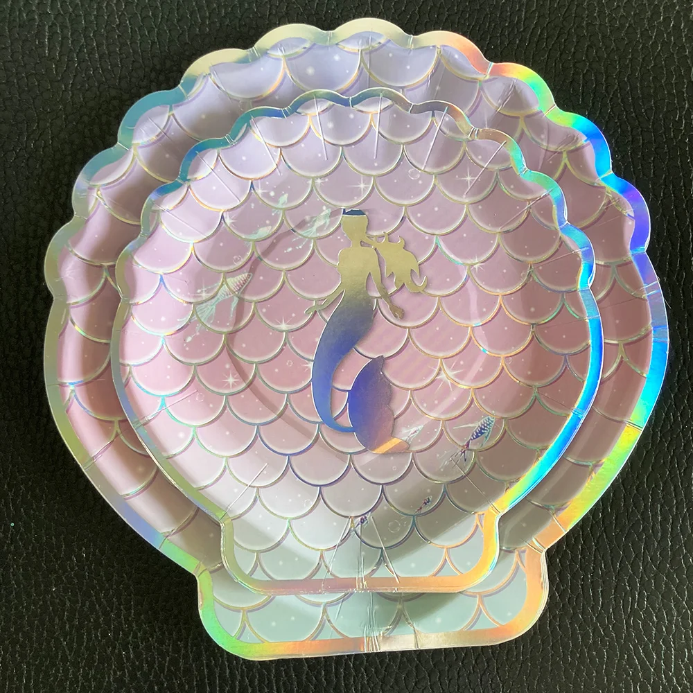 Mermaid Party Tableware Iridescent Mermaid Seashell Paper Plates Napkins Cups Birthday Children Party Wedding Shower Engagement