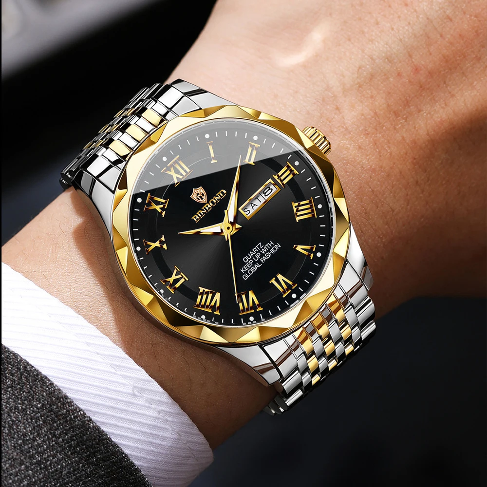 BINBOND Luxury Men's Wtches Business Fashion Original Quartz Watch for Man Roman Dial Rhombus Bezel Waterproof Luminous Date New