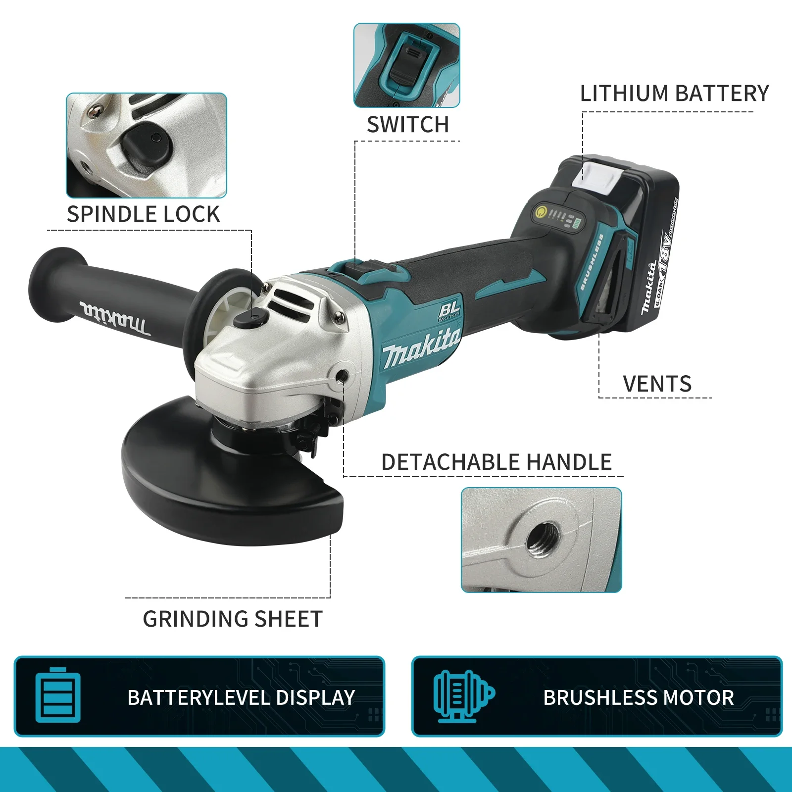 Makita DGA506 18V 125mm Charging Angle Grinder Electric Polishing Machine Brushless Metal Grinding and Cutting Machine