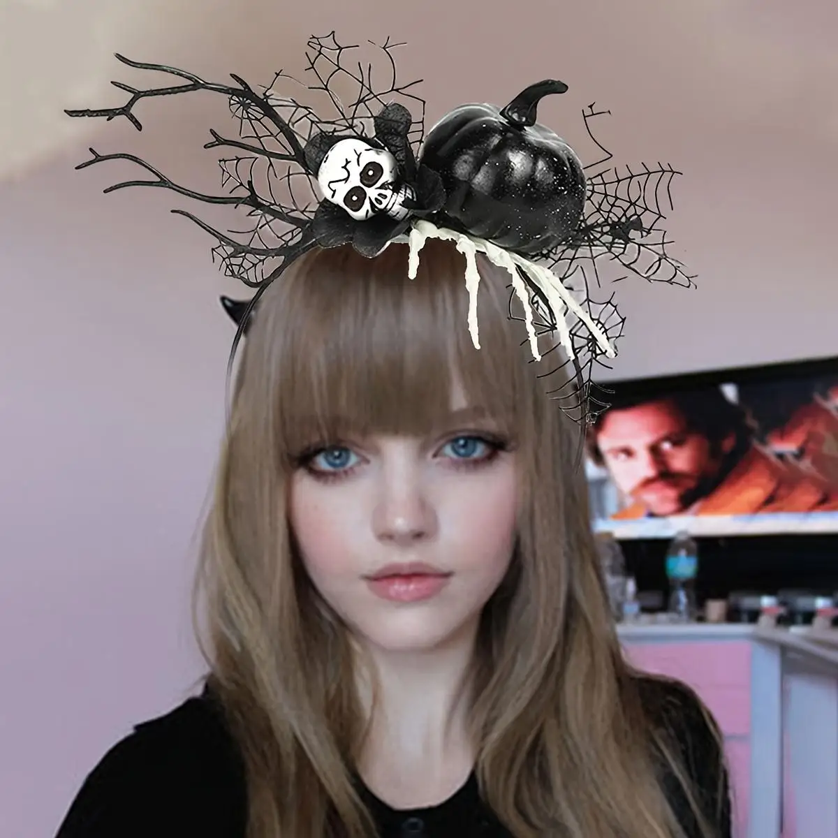 Halloween Witch Headband Gothic Decor, Hanging Skull & Spider Web Design Non-Slip Hair Band for Cosplay, Party Costume Accessory