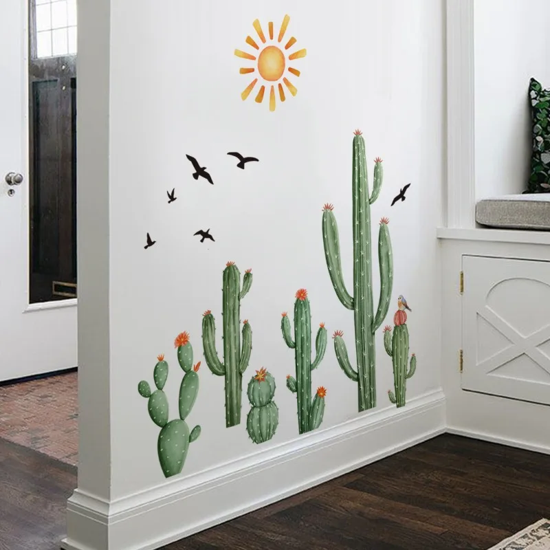 Plant Cactus Sun Bird Wall Sticker Background Wall Living Room Room Decoration Wall Sticker Self-adhesive Sticker