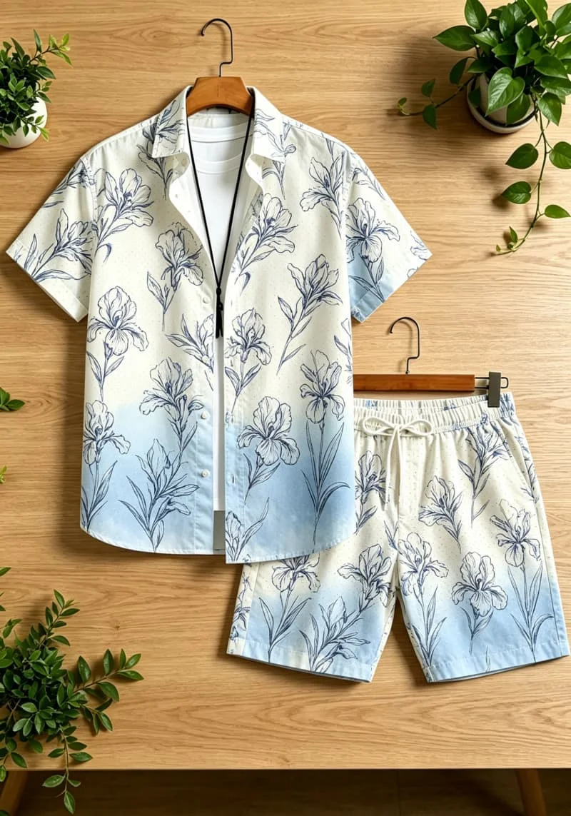 

Men's watercolor printed two-piece set, short sleeved shirt and shorts, suitable for beach vacation and soft art style dressing