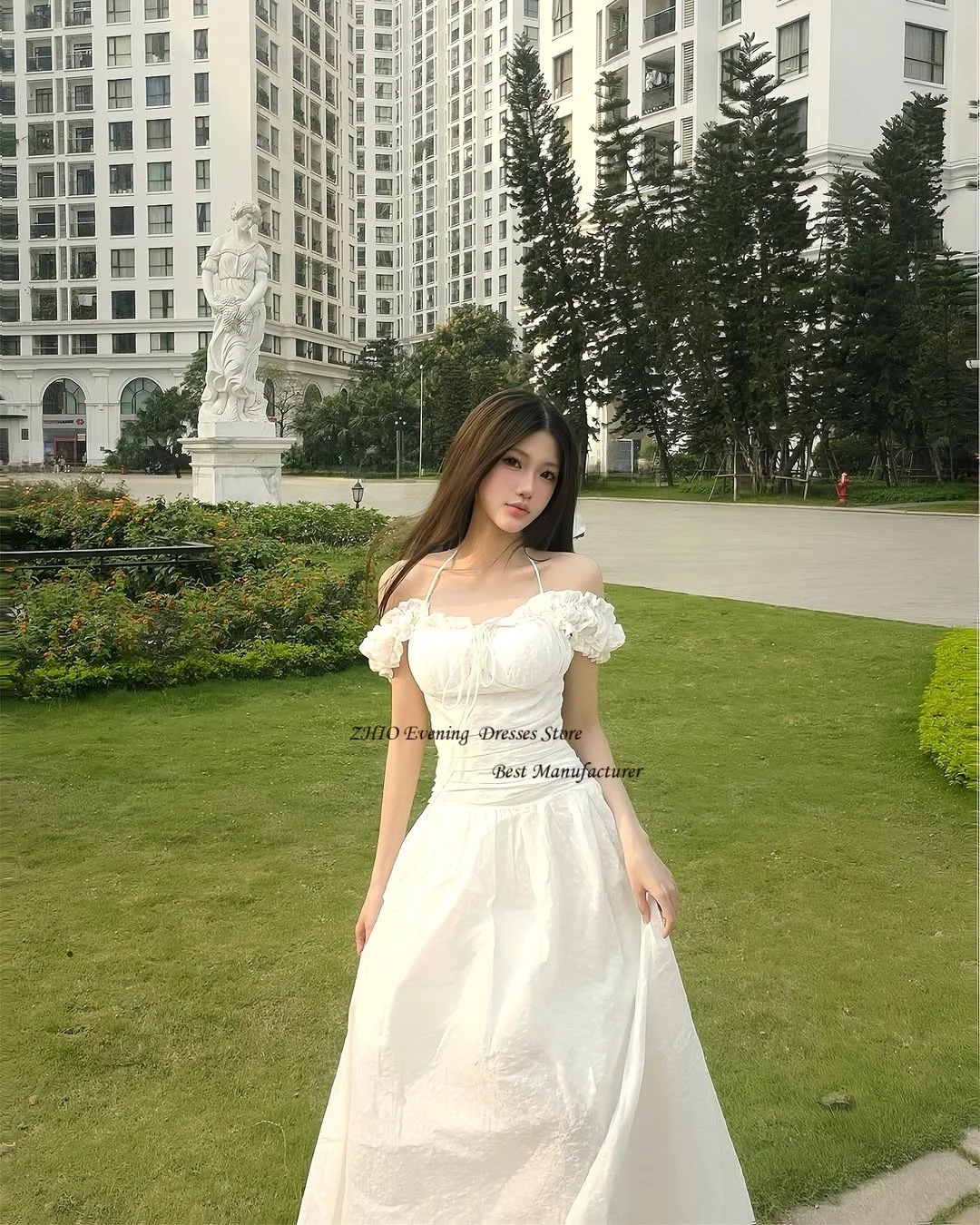 ZHIO شيفون أبيض جميل مع أنماط الاختيار فستان زفاف كوري على شكل حرف A مكشكش على شكل قلب عاري الكتفين بدون أكمام فساتين العروس