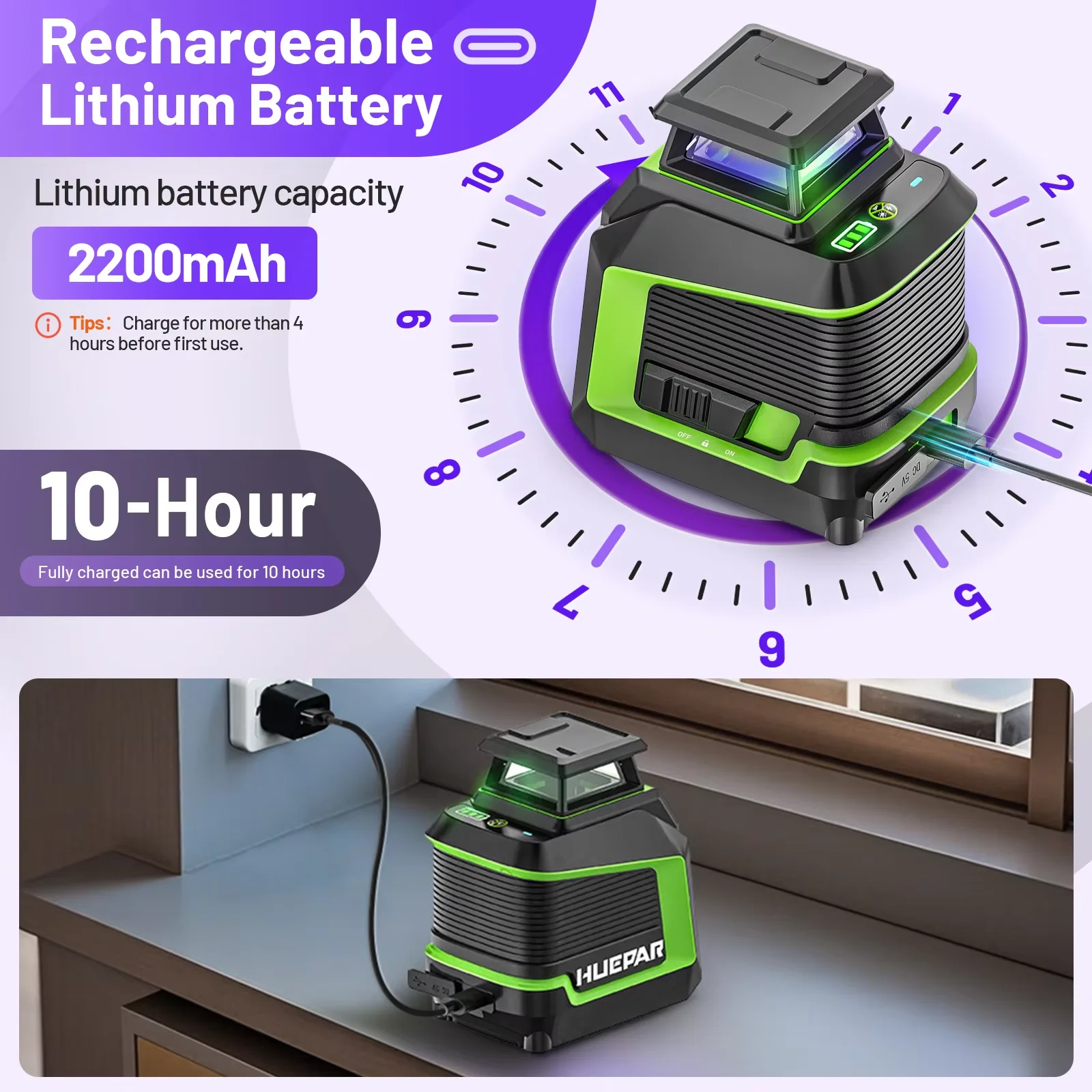 Huepar الأرجواني مستوى الليزر الأفقي العمودي الذاتي التسوية عبر خطوط أداة الليزر مع قوس وتعديل السطوع D011CP