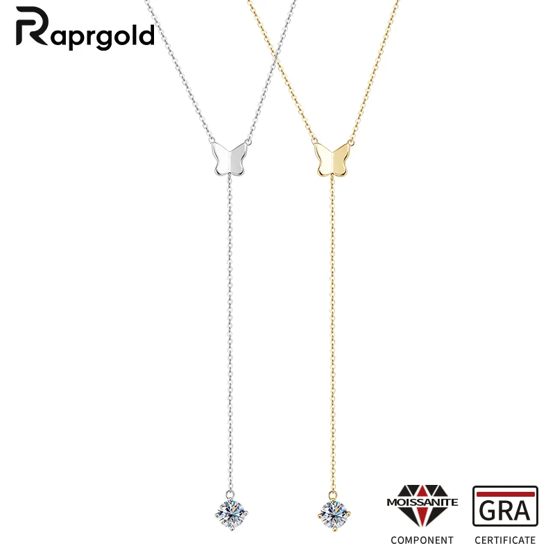 

RAPRGOLD Certified Moissanite Butterfly Pendant Necklaces for Women 925 Sterling Silver Y-shaped Chain Wedding Jewelry Gifts