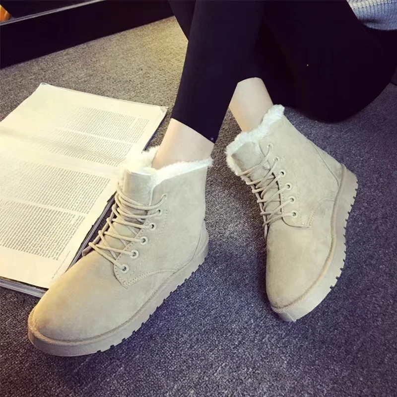 2024 Women Winter Snow Boots Warm Flat Plus Size Platform Lace Up Ladies Women\'s Shoes New Flock Fur Suede Ankle Boots 36-42