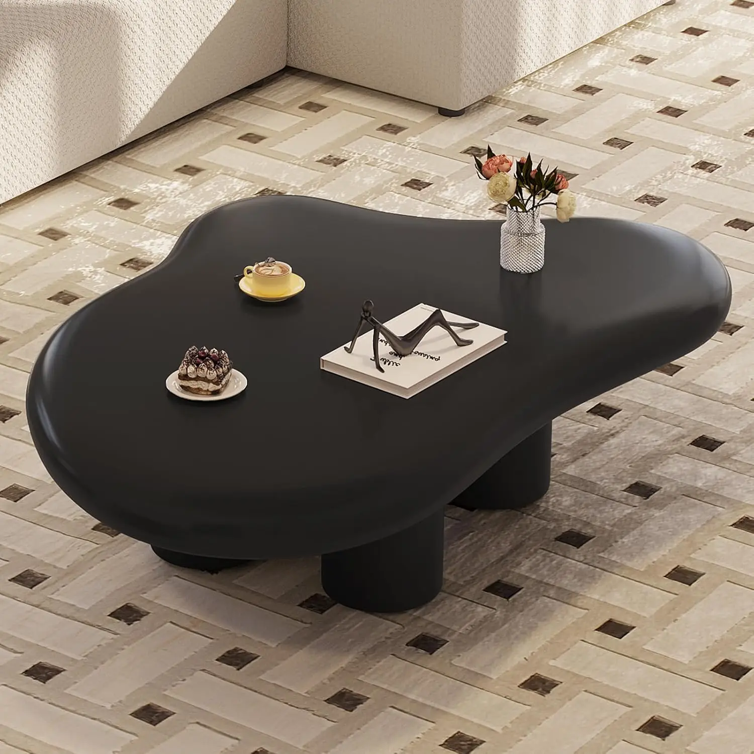 

36" Black Cloud Coffee Table, Modern Irregular Center Table With 4 Legs, Unique Wavy Tabletop For Living Room, Bedroom, Small