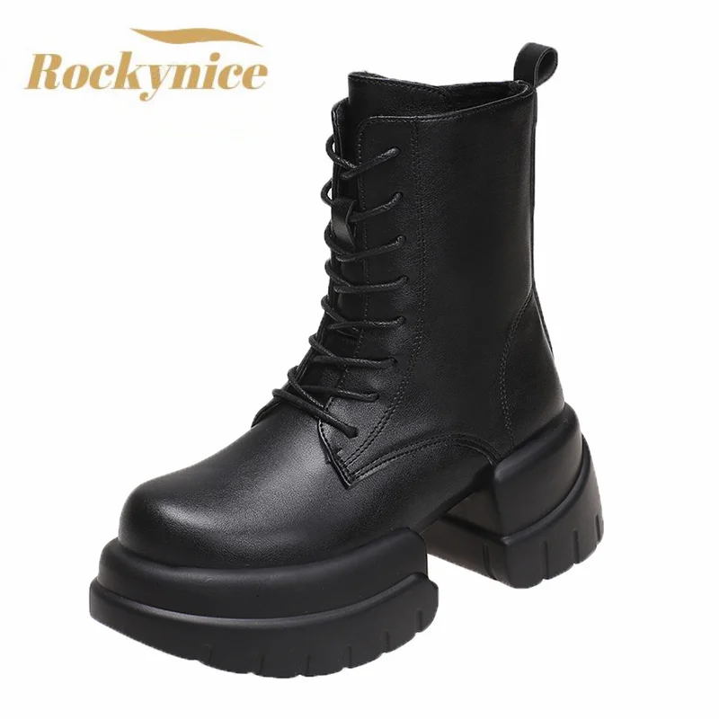 

Women Platform Plush Ankle Boots New Winter Warm Fur Motorcycle Boots Soft Leather Chunky Sneakers 7.5CM High Heels Short Boots