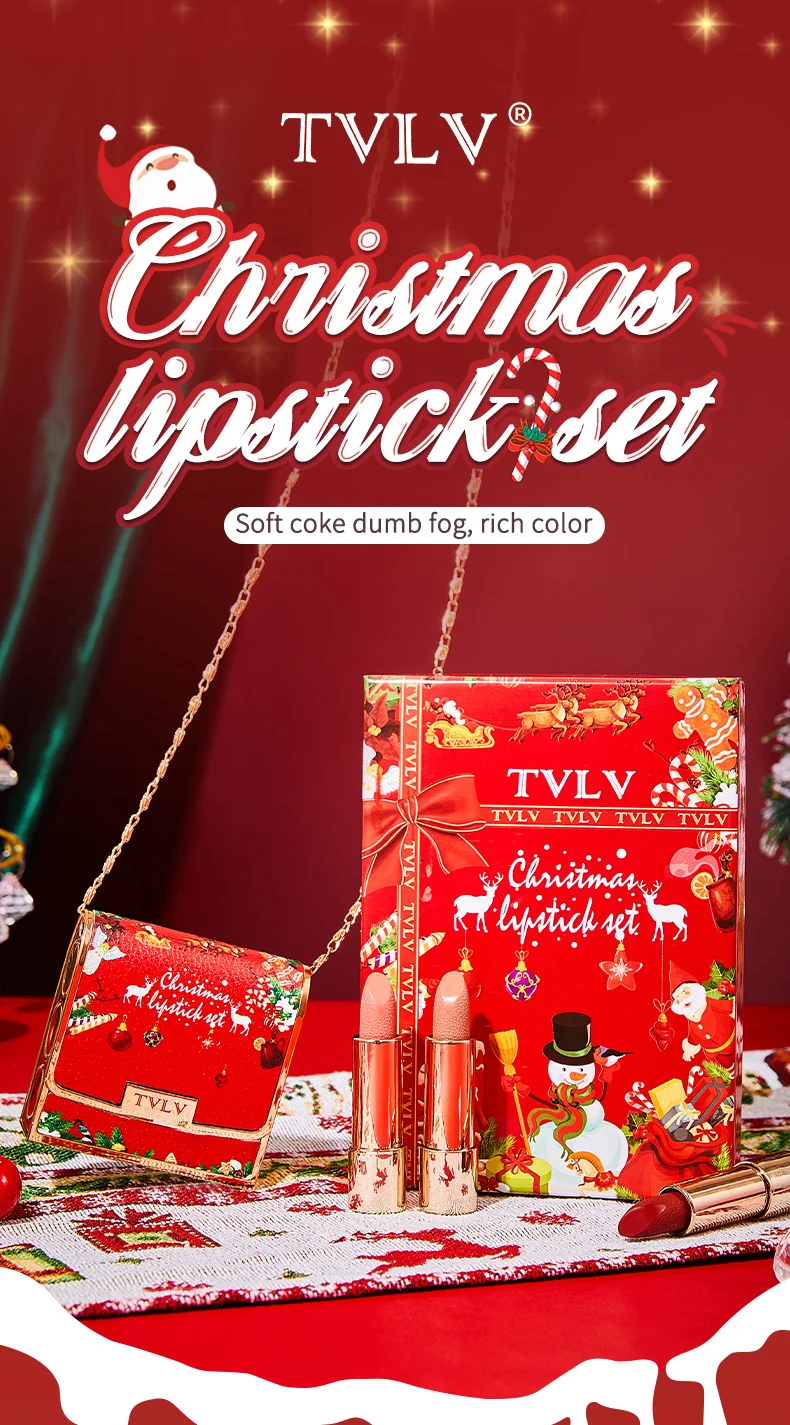 Description Picture 4 of itemChristmas Matte Lipstick Set Retro Lip Stick Long Lasting Waterproof Smudge Proof, Retractable Red Lipstick with Chain Retro Bag