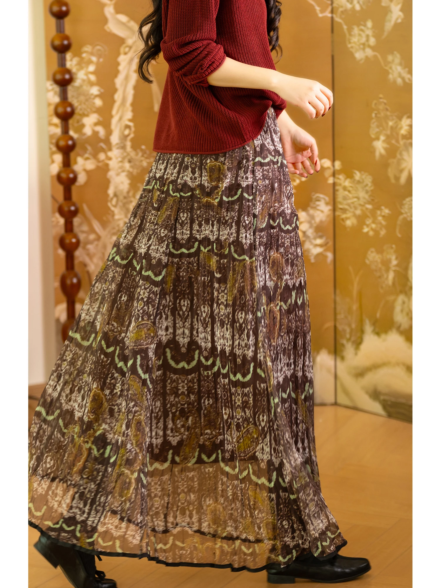 

Ele Semi-Long Skirt with Inner Lightweight Mis Sensation Pleated Crt Caew Flower Print Midi Skirt for Women