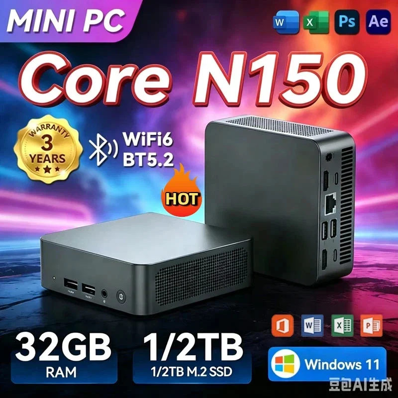 Mini PC Intel Core N150 Compact Mini Laptop Windows 11 16GB RAM 1TB SSD HD WiFi6 BT5.2 Multifunctional Daily Notebook Gaming PC