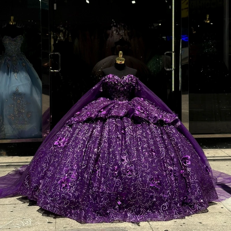 

Purple Shiny Ball Gown Sweetheart Quinceanera Dresses With Cape Beaded Sequin Appliques Lace Tull Sweet 16 Dress Vestidos De 15