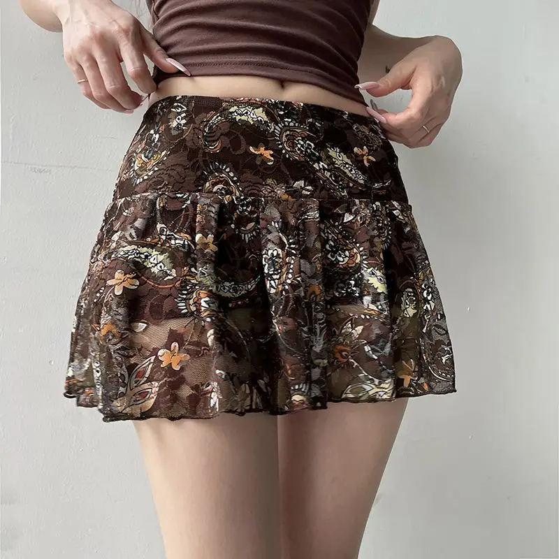 Short Skirt Mesh Print Brown Lace Y2K Vintage Aesthetic Cashew Women Chic Low Waist Skirts Slim Was Thin Mini Skirt