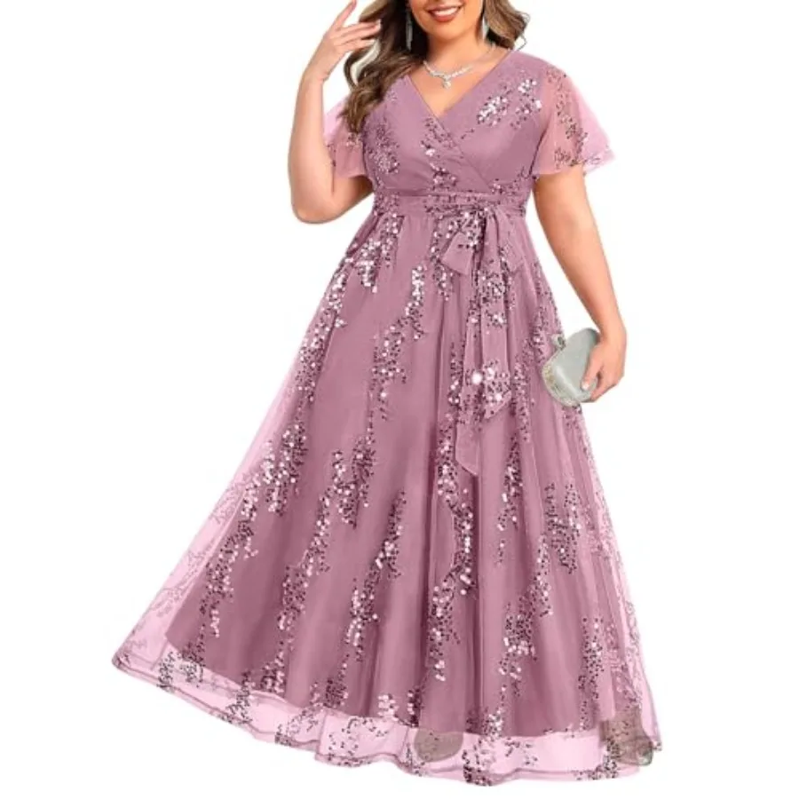 

Pinup Fashion Plus Size Formal Dresses - Wedding Guest Evening Gowns Sequin Embroidery V-Neck Maxi Dress