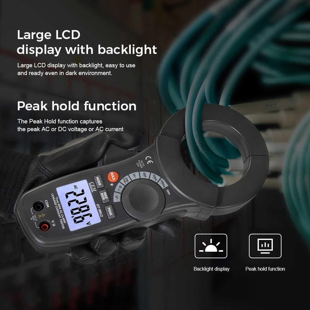 CEM DT-9812 68mm big jaw size 1000A AC Leakage Current Tester clamp meter with Peak hold function