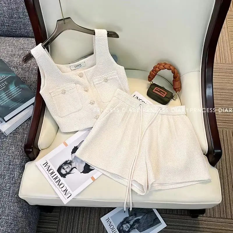 

Casual Set Women's Summer Square Collar Sleeveless Single Breasted Vest High Waist Shorts Two-piece Set Fashion Female Clothes
