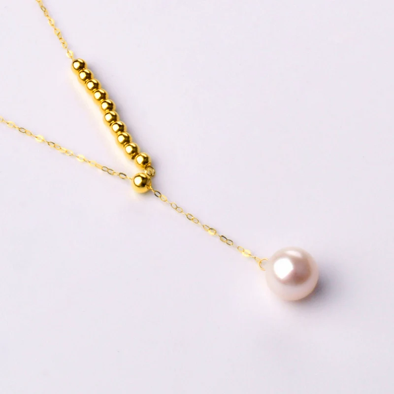 18K Yellow Gold necklace pendant Natural Freshwater Pearl au750  Fine Jewelry Y Style Chain new wedding party anniversaryx573