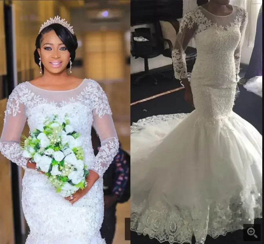 Suknia ślubna syrena w stylu południowoafrykańskim, biała, z koronkowymi aplikacjami z koralikami, długie rękawy, skromna suknia ślubna, czarna.