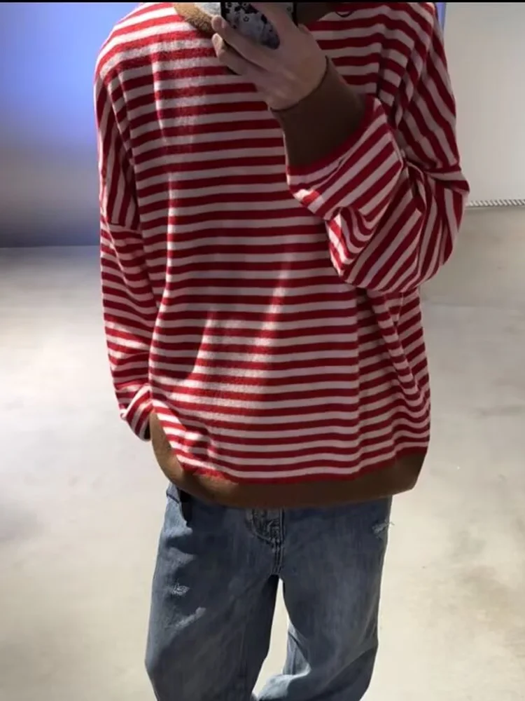 

HH Woman Spring Fashion Long Sleeves O-Neck Striped Decoration Slim Shirt Female Casual Loose Versatile Street Style Tops