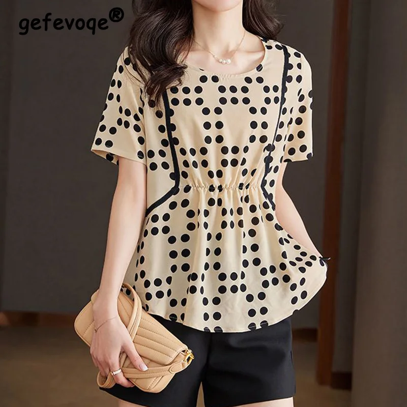 

Elegant Women's Clothing Crew Neck Polka Dot Printing Tops Summer Thin Style New Pleated Short Sleeve Chiffon Pullover Loose Tee