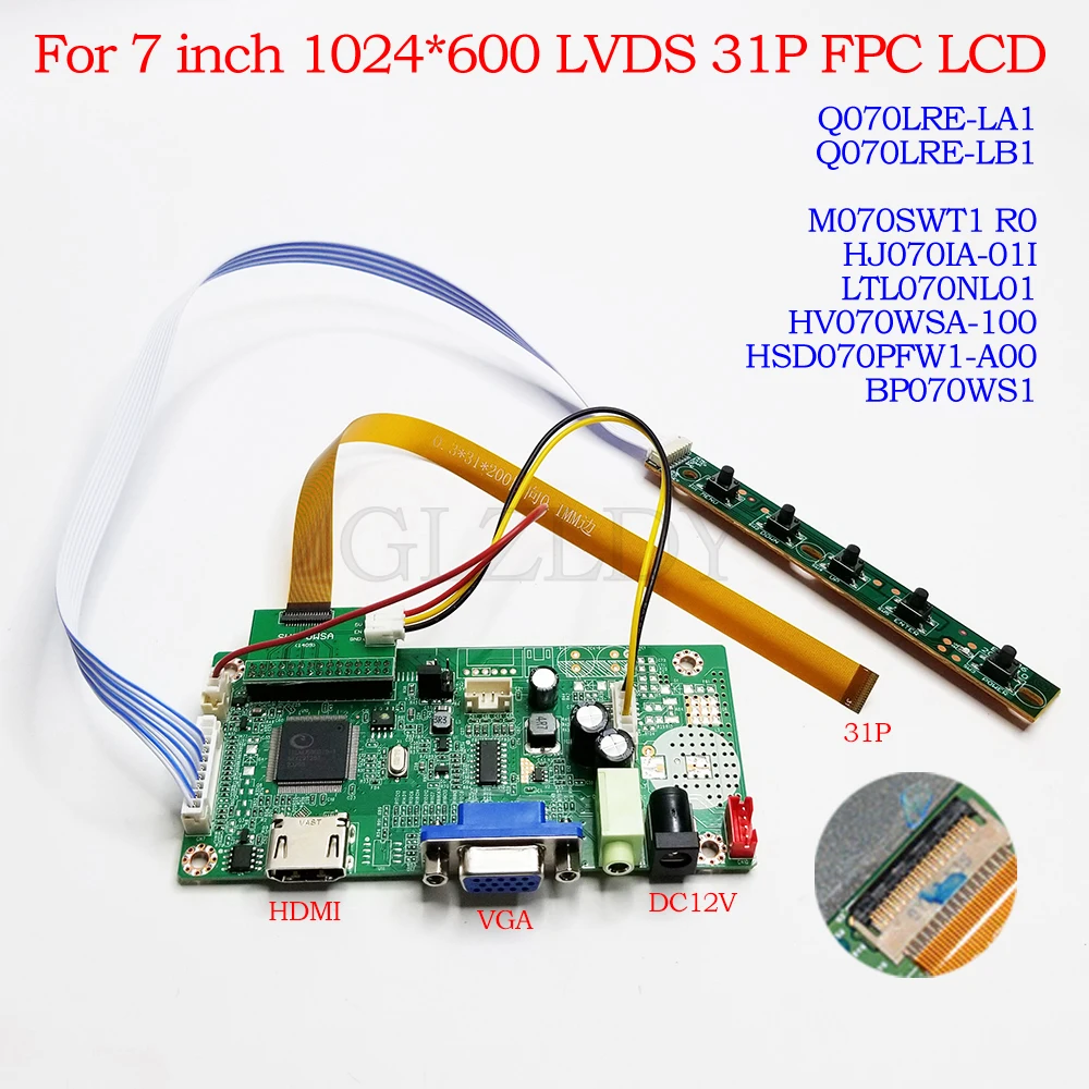 LCD Controller Board For HJ070IA-01I HV070WSA-100 HSD070PFW1-A00 BP070WS1 LTL070NL01 1024*600 LVDS 31P 0.3mm FPC HDMI VGA Driver