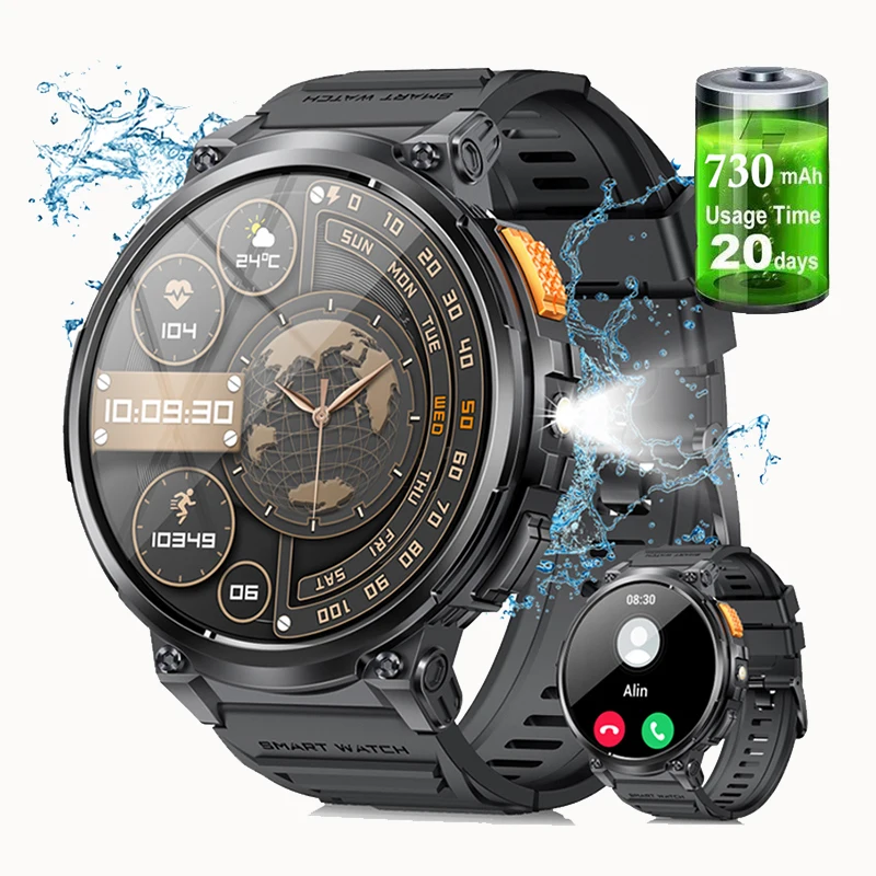 

LIGE 1.85” HD Screen Smart Watch Men LED Flashlight 730mAh Large Battery Bluetooth Call Bracelet Waterproof Fitness Smartwatches