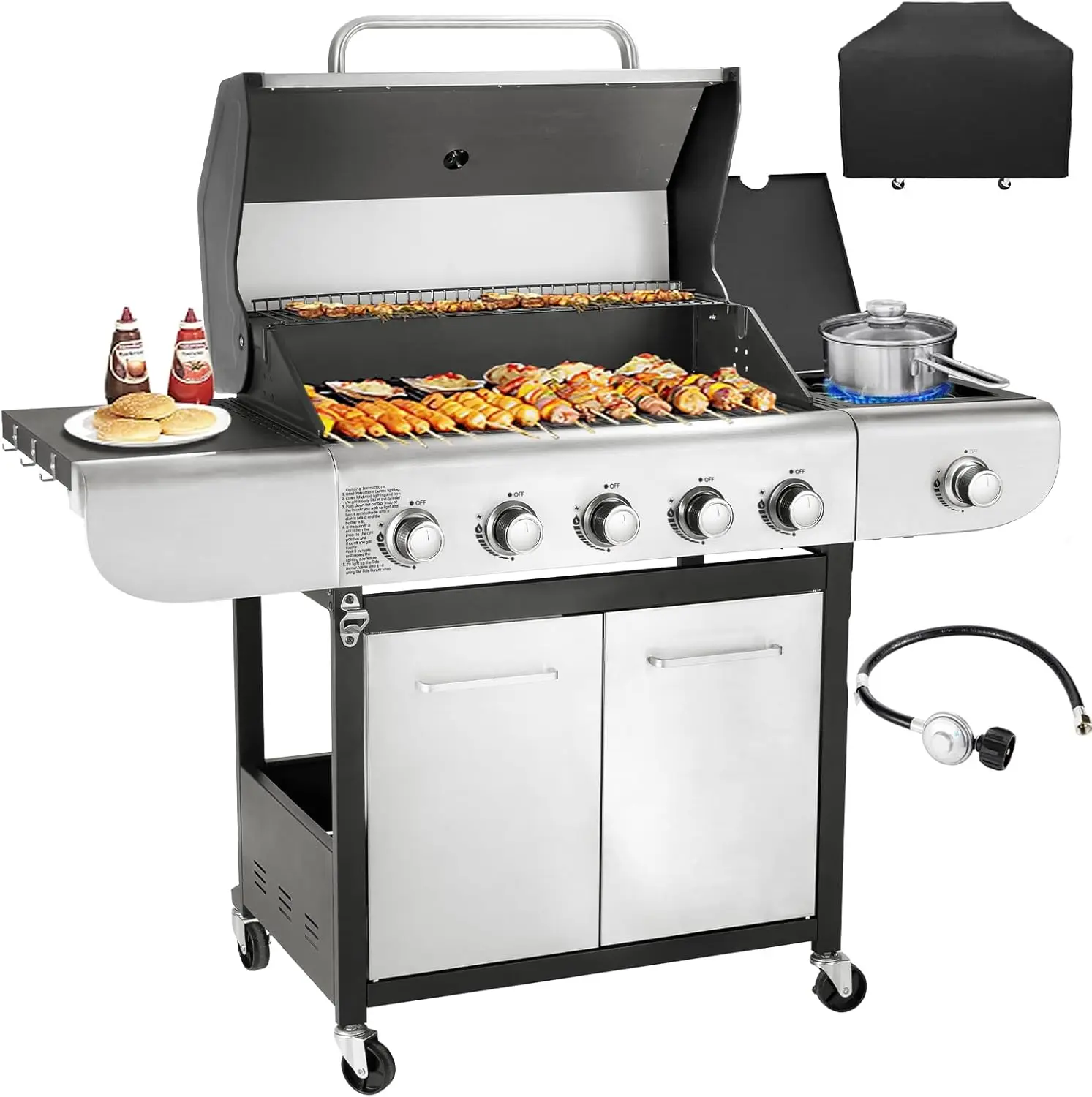 5-Burner Propane Gas BBQ Grill with Side Burner, Barbecue Gas Grill Outdoor Patio Garden Barbecue Stainless Steel Grill Cover