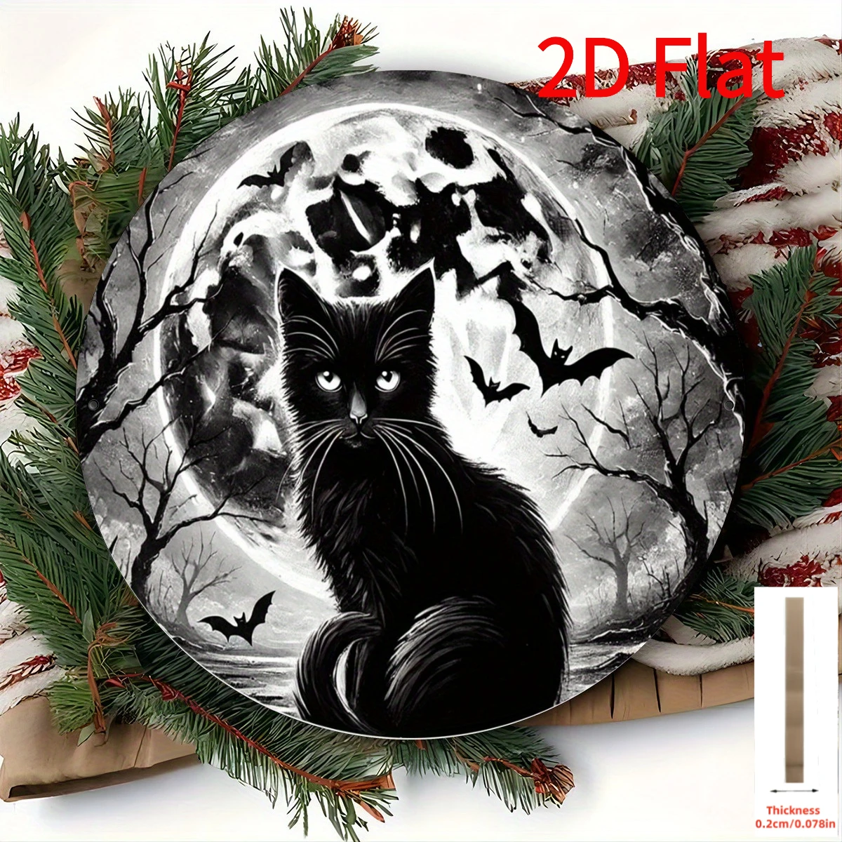 2D Flat, 2D Flat Halloween Black Cat Metal Tin Wall Decor Plaque, Featuring a Round Wrought Iron Plate with a Flat Pattern, Pair