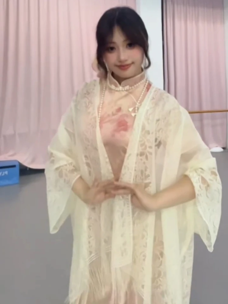 

Summer Women's Flag Dr Outerwear Ultra-Thin Cardigan Coat Tassel Florid Sun Protection Clothing Artistic Loose Fit V-Ne