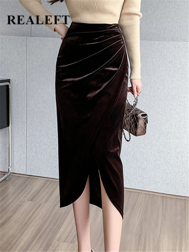 REALEFT Autumn Winter Velvet Irregular Women's Wrap Long Skirts 2022 High Waist Office Front Split Sheath Pencil Skirts Female