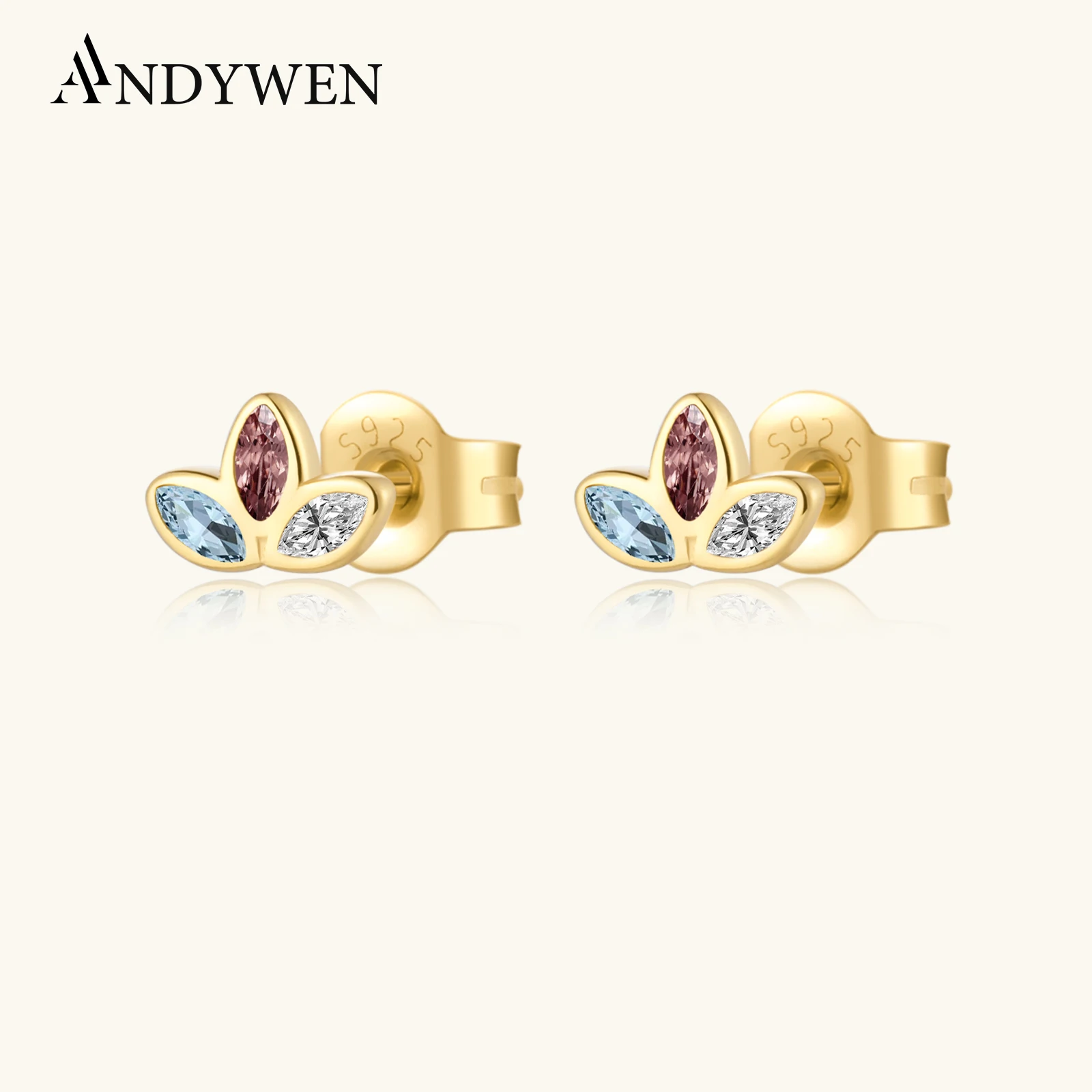 ANDYWEN 925 Sterling Silber Gold Regenbogen CZ Drei Zirkon Regenbogen Stud Ohrring Piercing Pendiente Luxus Schmuck Für Frauen