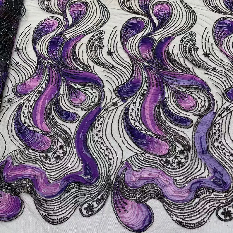

French fashion web gauze fabric, high-quality African beaded tube embroidery, phoenix tail sequin embroidery fabric dress