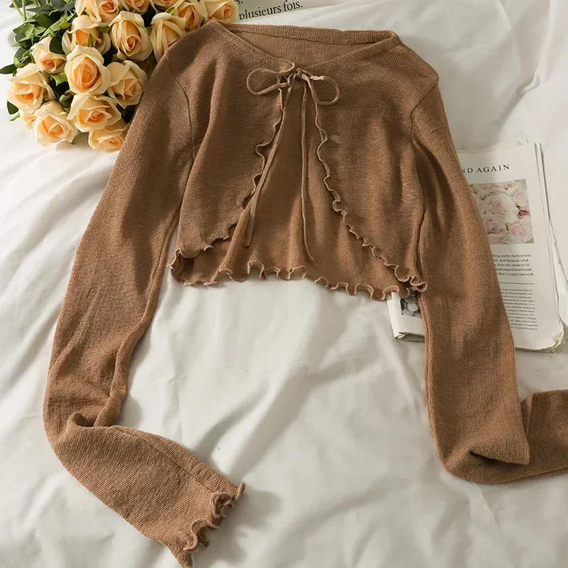 الصيف الشمس حماية سترة الملابس النسائية محبوك المحاصيل القمم ضمادة طويلة الأكمام رقيقة سحب فام الكشكشة سترة الكورية