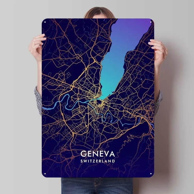 Geneva City Map Tinplate Sign Wall Art Decor Bedroom Decoration Retro Metal Sign for Bar Coffee Bar Wall Decoration Man Cave