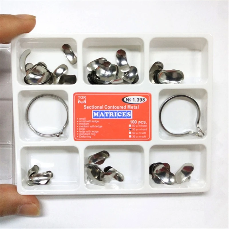 100Pcs Dental Sectional Contoured Metal Matrices 2 Rings To Fill Tooth Dental Matrixs for Teeth Replacement Dentist Tool