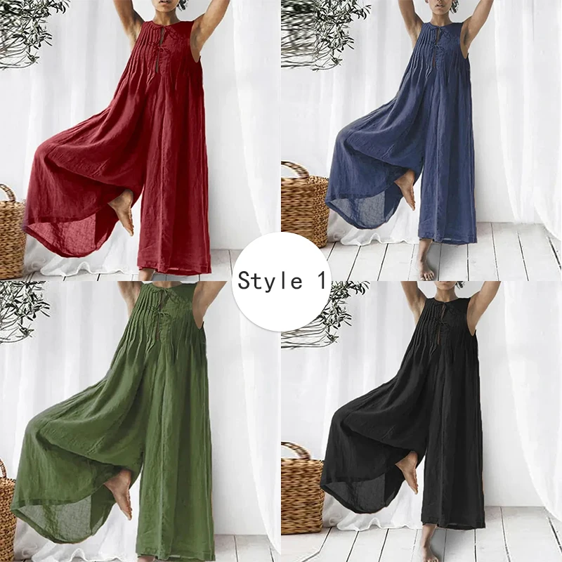 

Women Elegant Tie-up Bow Cotton Linen Jumpsuit Spring O Neck Ruched Rompers Lady Summer Sleeveless Wide Leg Pants Overalls