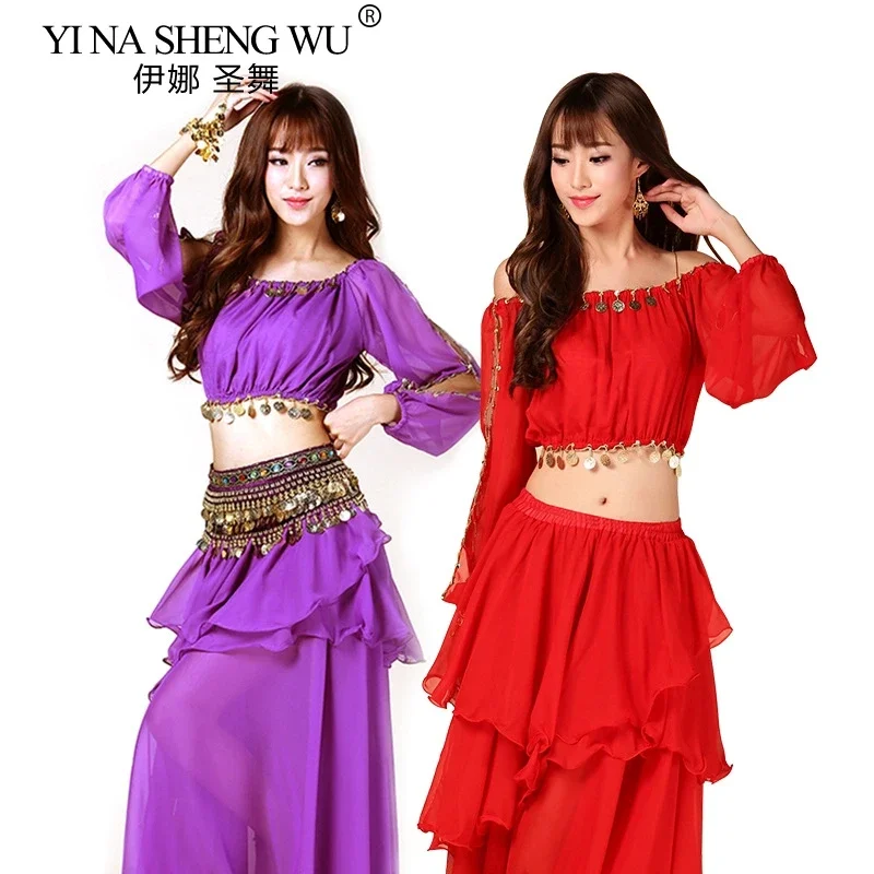 

Женский костюм для восточных танцев: шифоновый топ с длинным рукавом и юбка, комплект из 2 предметов для выступлений и тренировок, в стиле баллийских и индийских танцев