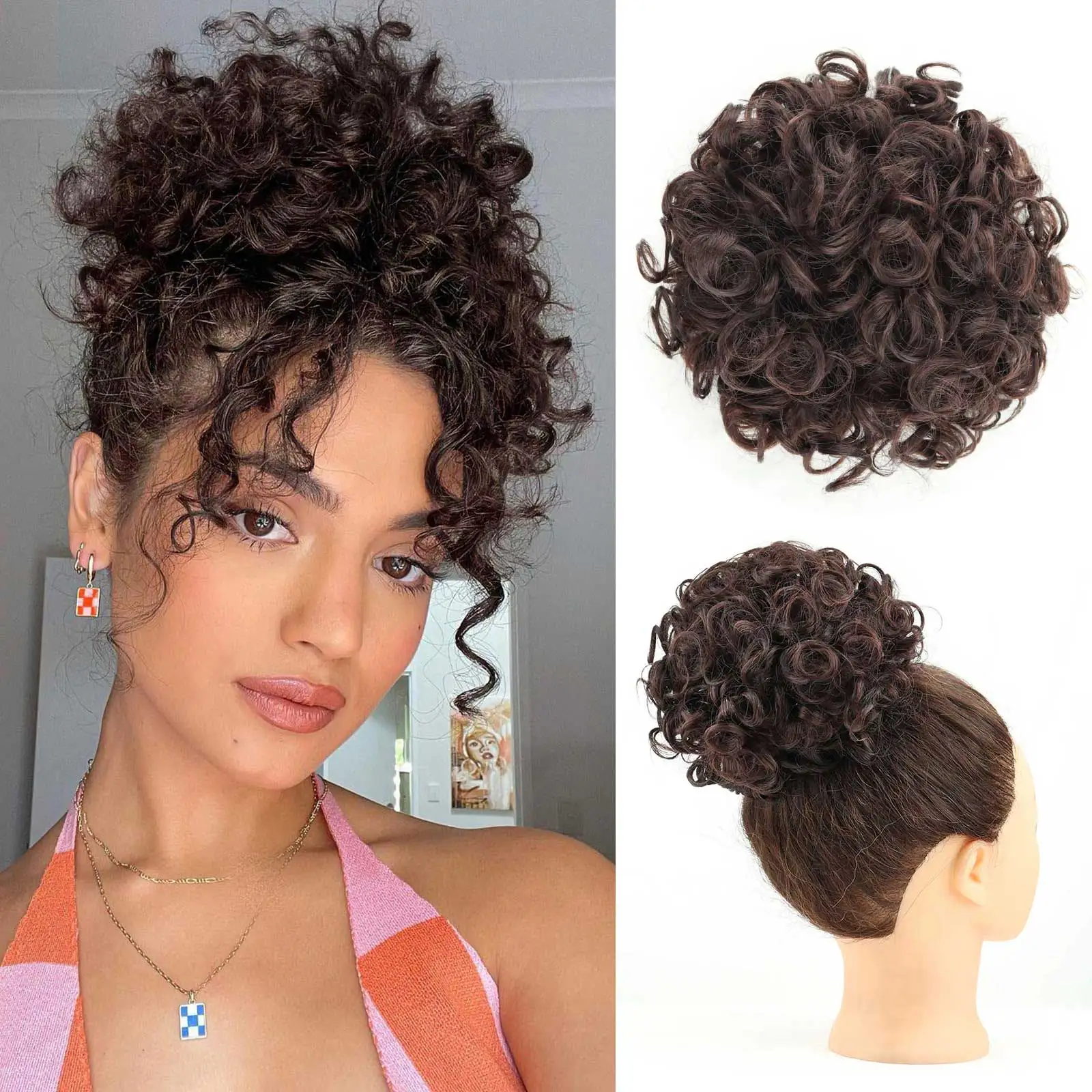 

Messy Hair Bun Hair Piece Elastic Drawstring Loose Wave Large Curly Bun 60 Gram Short Synthetic Ponytail Extension For Women