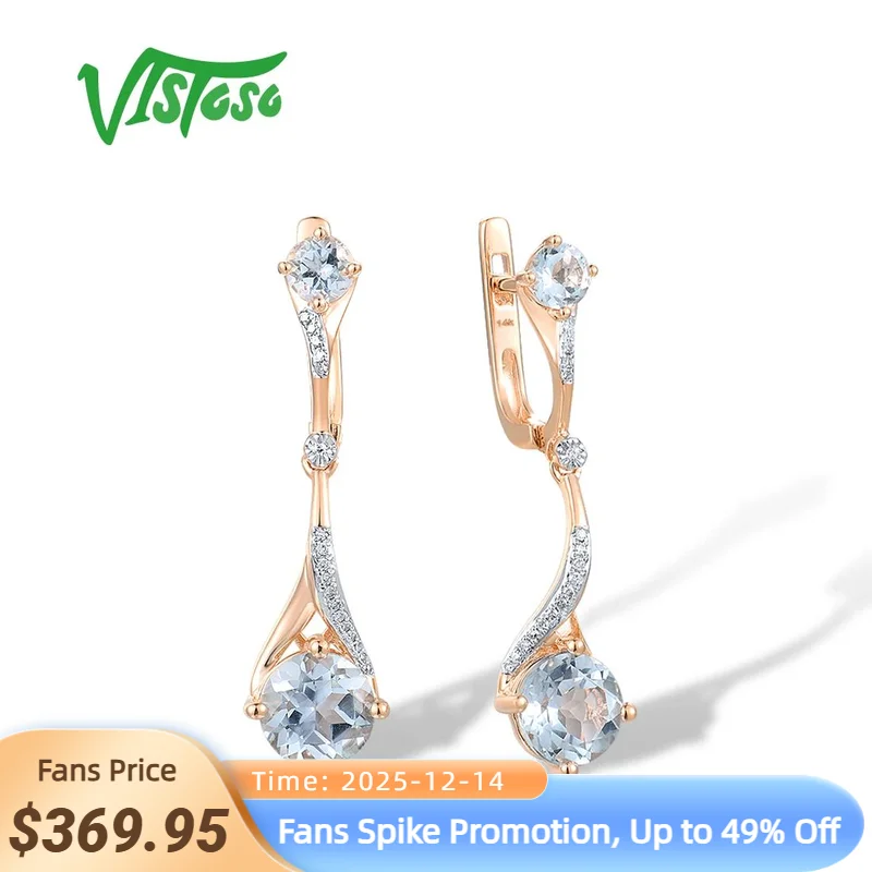 

VISTOSO Gold Earrings For Women Pure 14K 585 Rose Gold Sparkling Blue Topaz Diamond Dangling Earrings Gorgeous Fine Jewelry