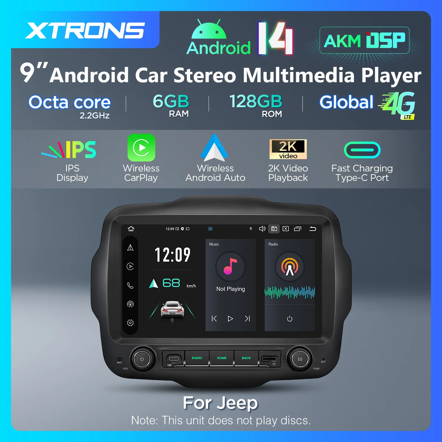 XTRONS 9 "Android14 QLED Auto-Multimedia-Player Für Jeep Renegade Octa Core 6 + 128G Auto stereo Gebaut in 4G DSP Drahtlose CarPlay AA