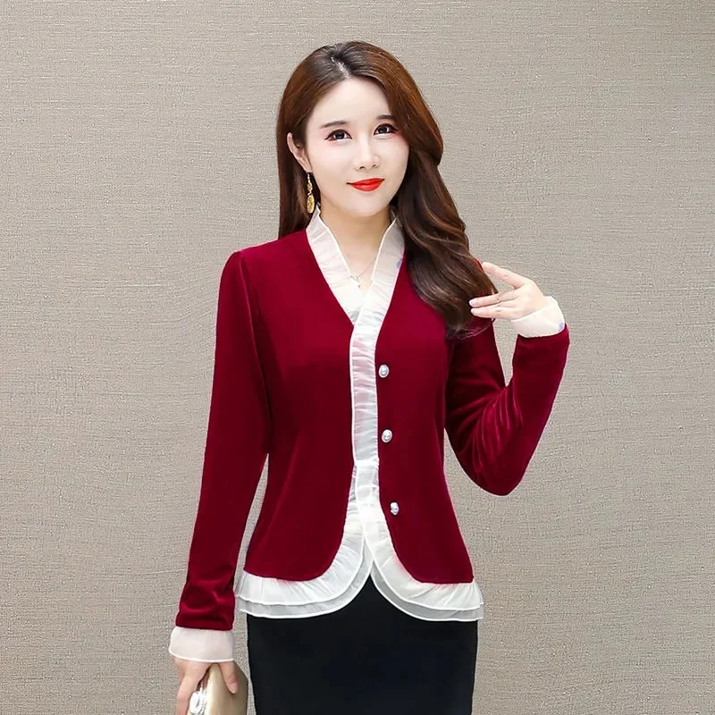 New Spring Women's Velvet Blouse Fashion Plus Size Fashion Wooden Ear Edge Bottoming Cardigan Coat Women's Short Coat Thin