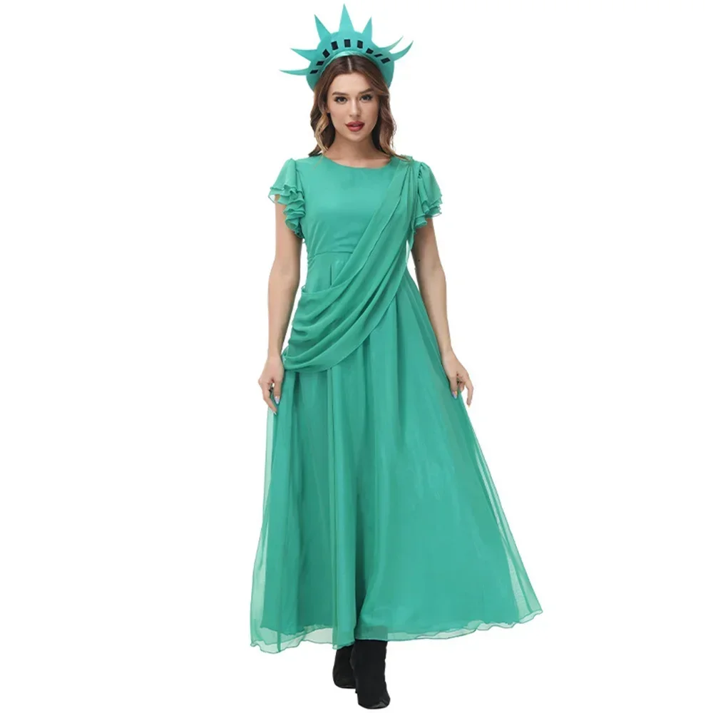 De Wereld Godin Standbeeld Karakter Kostuum Halloween Kostuum Groene Chiffon Feestjurk Liberty Shine