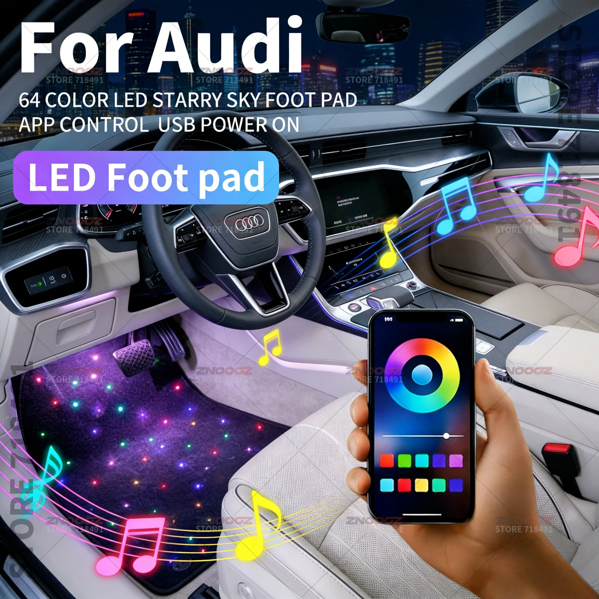 Para Audi A1 A3 A4 A5 A6 A7 A8 Q2 Q3 Q4 e-tron Q5 Q7 Q8 Q8 e-tron TT R8 e-tron GT USB coche LED cielo estrellado alfombrilla para pies DIY se puede cortar