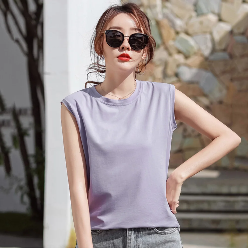 

New Women Sleeveless T-shirt Summer Fashion O-Neck Nice and Cool Mercerized Cotton Vest Tops Casual Loose Soft Basic T-shirt