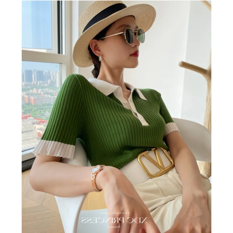 Polo Neck Knit Sweater Women Short Sleeve T-shirt High-end Slim Korean Chic High-end Tops Patchwork Women Clothing Thin Pullover