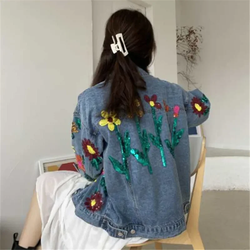 Autumn Harajuku Vintage Washed Blue Denim Jacket Women Fashion Sequin Flower Casual Loose Lapel Long Sleeve Female Jeans Jacket - Image 3