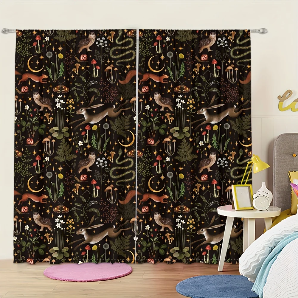 Enchanting Forest Night Curtain Black Background Woodland Animals Moon Stars Tapestry Home Decor
